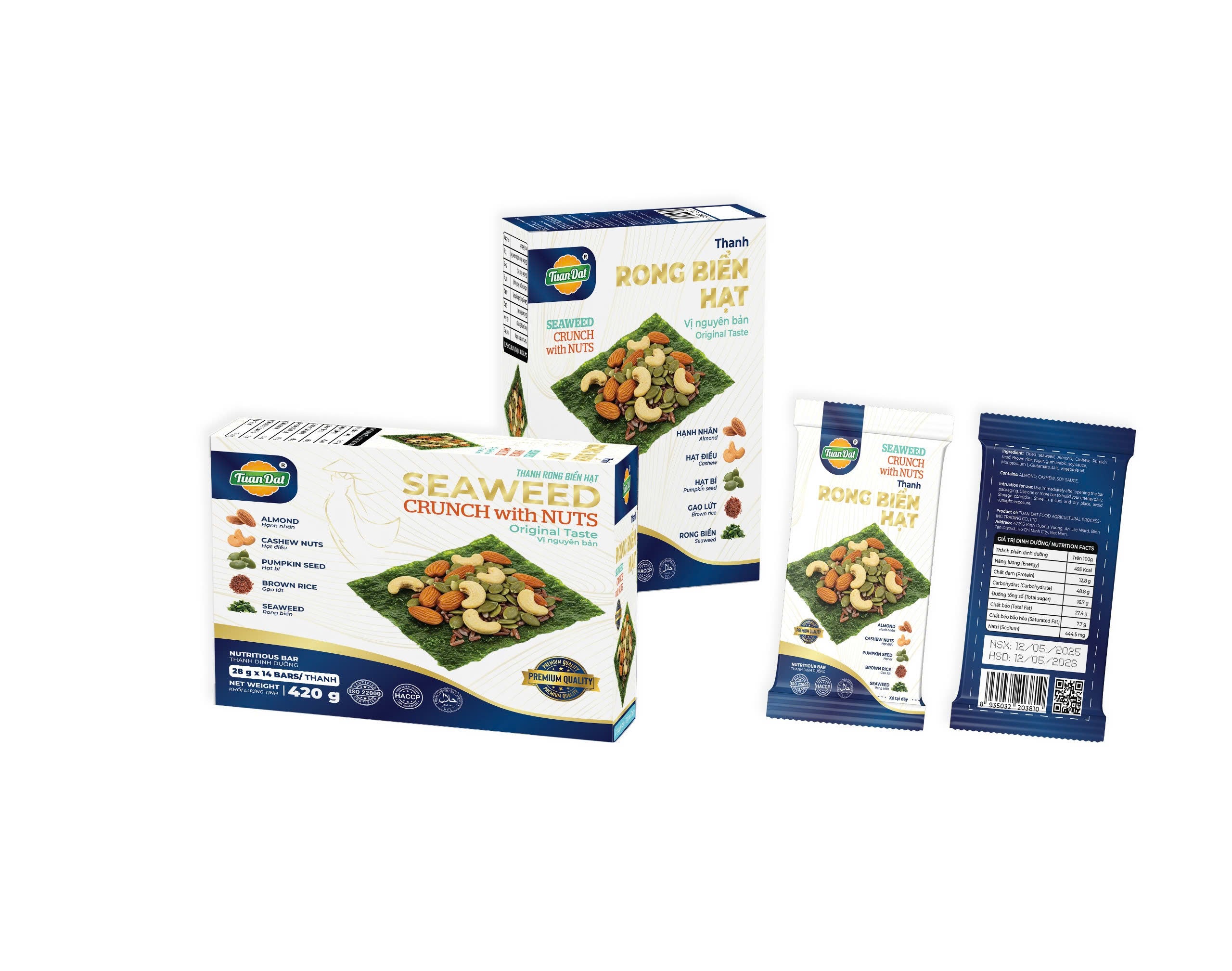 Seaweed crunch with nuts (Thanh rong biển kẹp hạt) 1 box (14 bars)