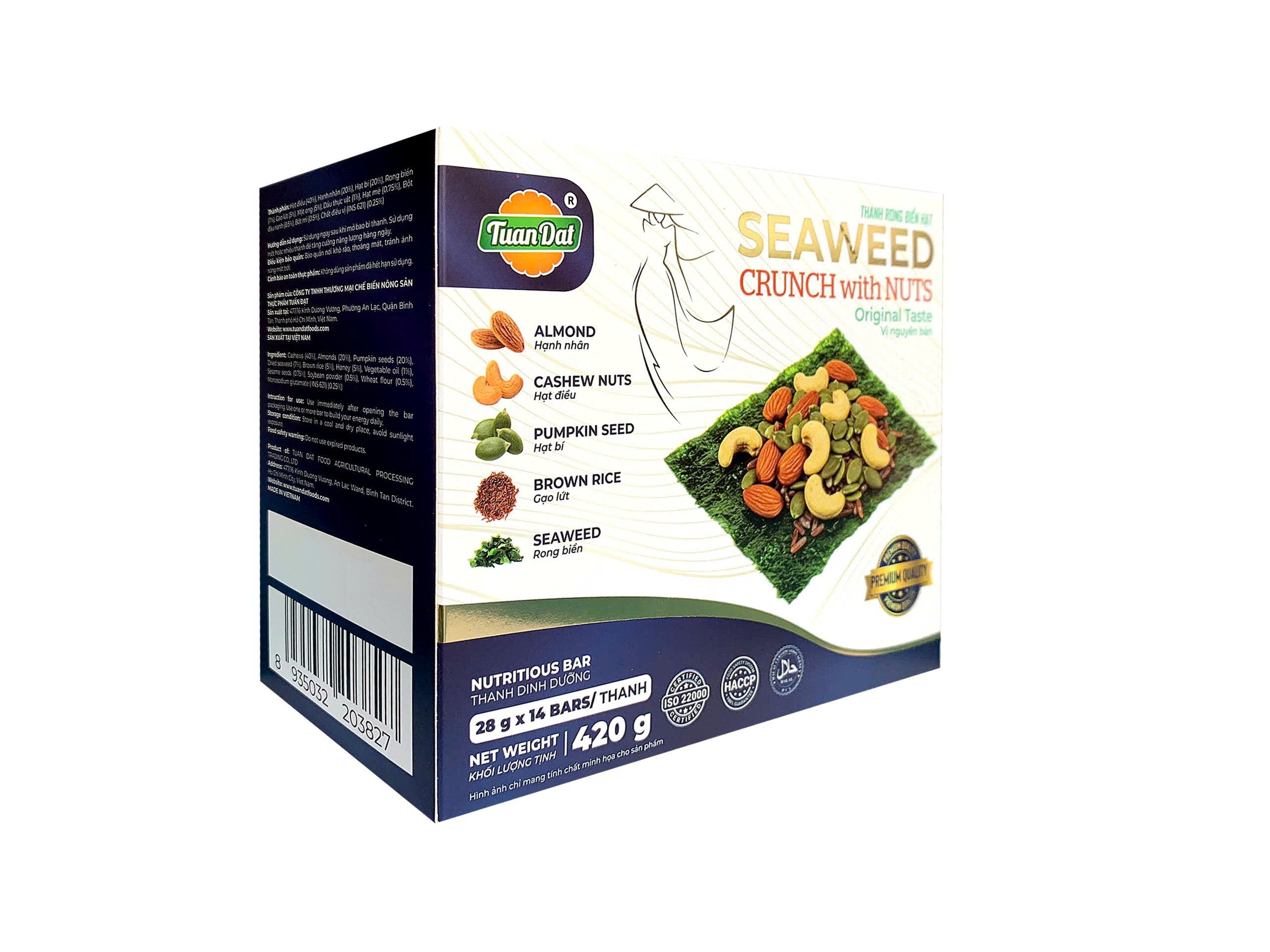 Seaweed crunch with nuts (Thanh rong biển kẹp hạt) 1 box (14 bars)