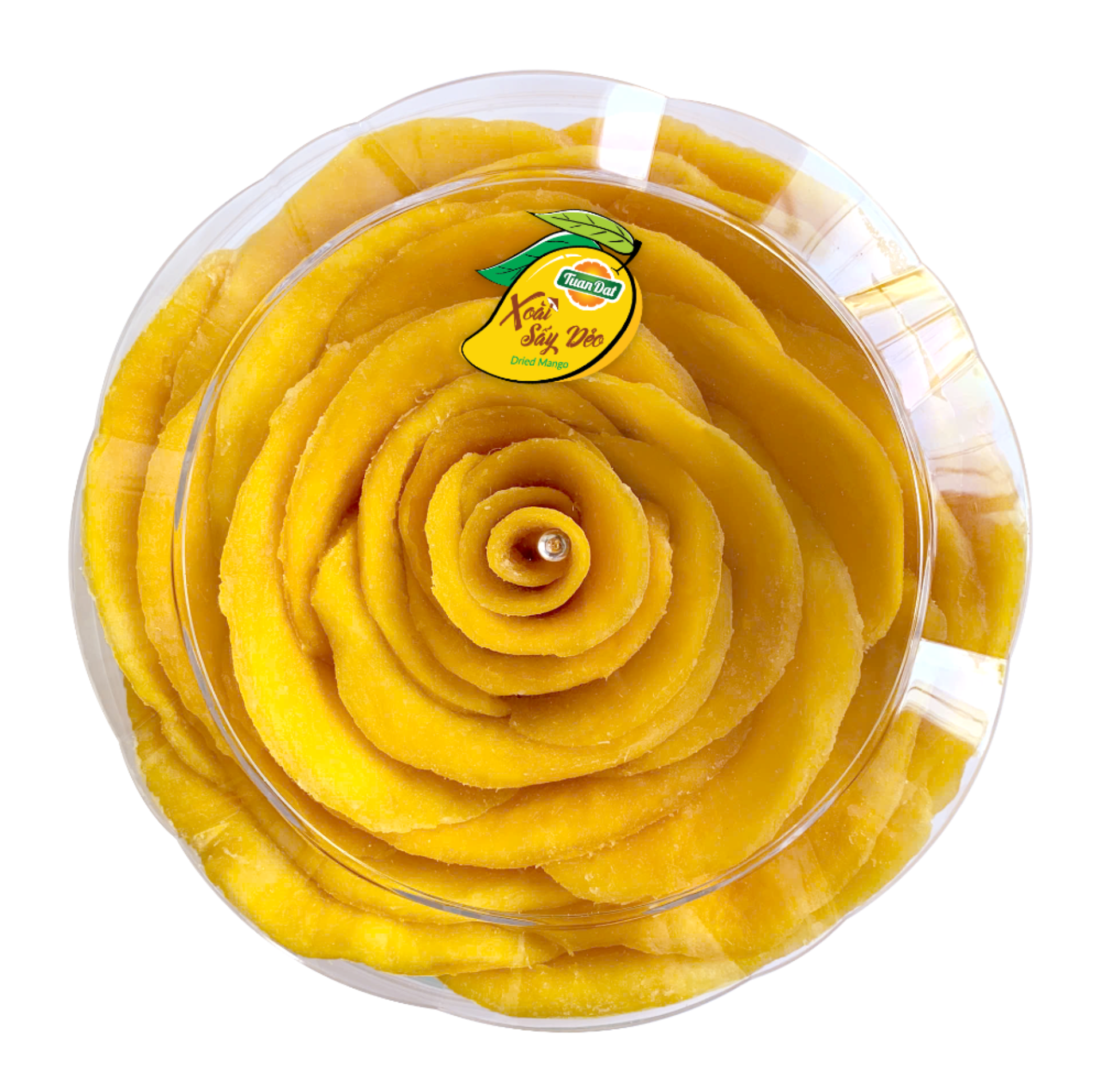 Yellow flower-shaped cake in a clear container with a brand logo on a white background